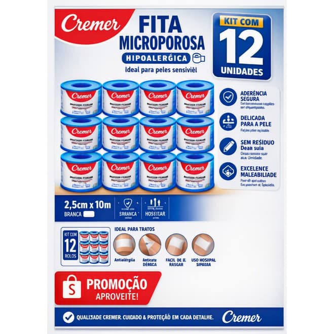 Fita Micropore Cremer - promoção kit com 6 e 12 unidades - 2,5cm x 10m