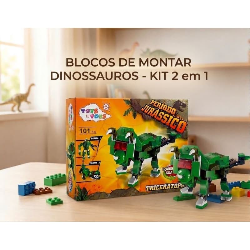 Blocos de Montar Dinossauro 2 em 1 Brinquedo Educativo Colecionável Tipo Lego Criatividade e Coordenação Motora