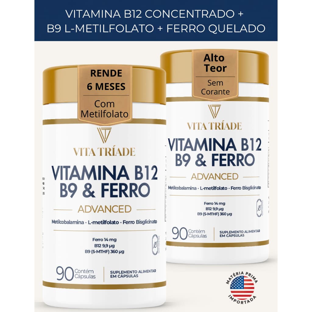 Ferro Bisglicinato + Vitamina B9 Metilfolato e Vitamina B12 Metilcobalamina 180 Cápsulas 6 Meses