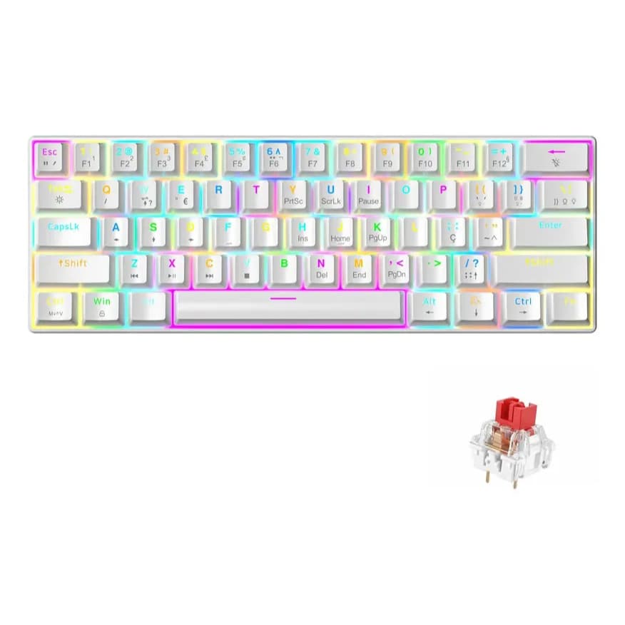 Teclado Mecanico Gamer 60% RGB Branco Switch Vremelho