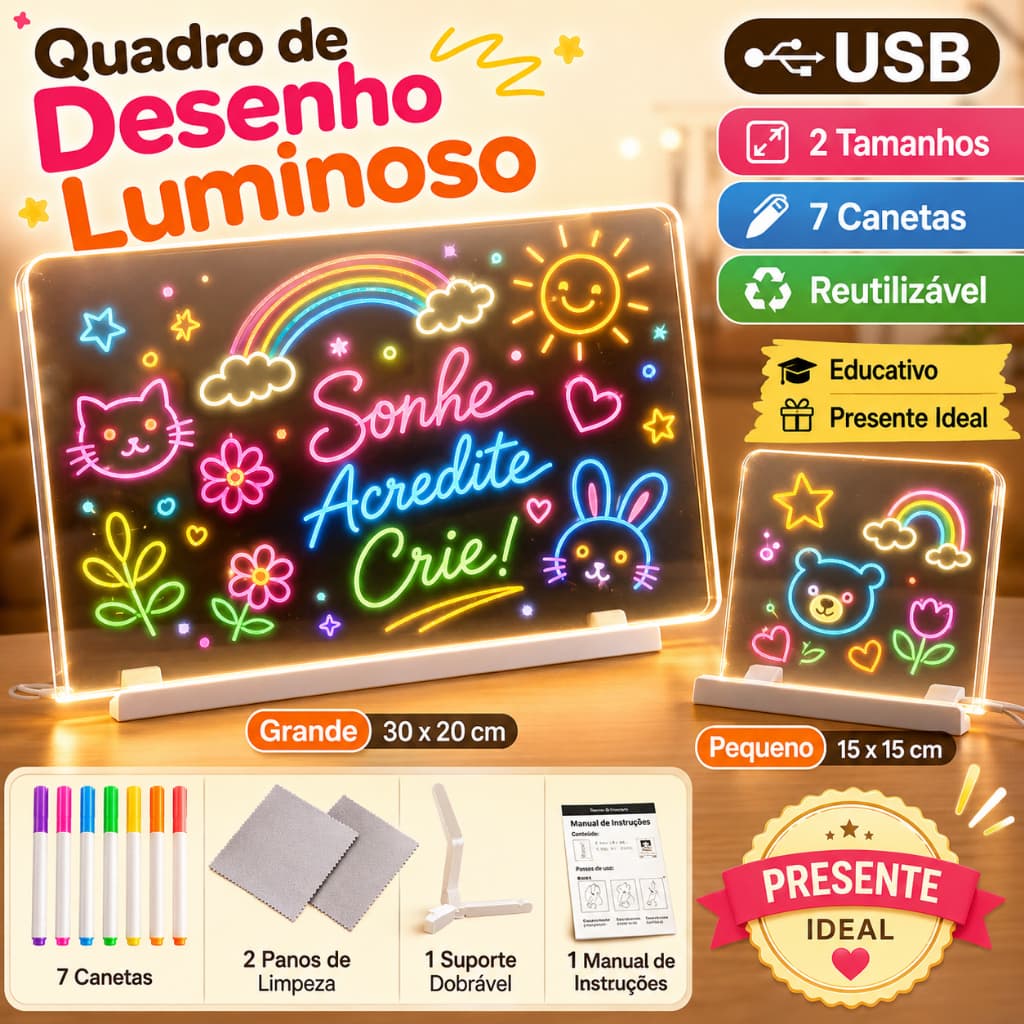 Prancheta de desenho infantil apagável, brinquedos artesanais luminosos, quadro negro, conjunto educacional infantil, br