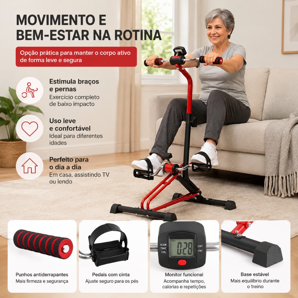 Bicicleta Ergométrica Exercício Fitness, Tapete Antiderrapante, Capa Triangular, Cinta e Relógio, Sem Bateria