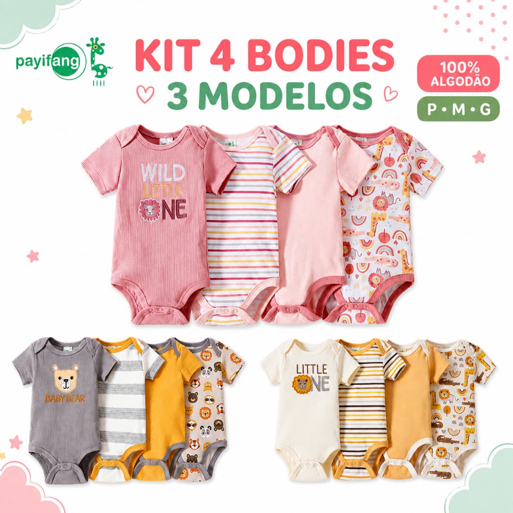 Payifang Kit Body Bebê Menina e Body Bebe Menino 4 Peças 100% Algodão Manga Curta Estampado Bory Bebê Roupa de Bebê
