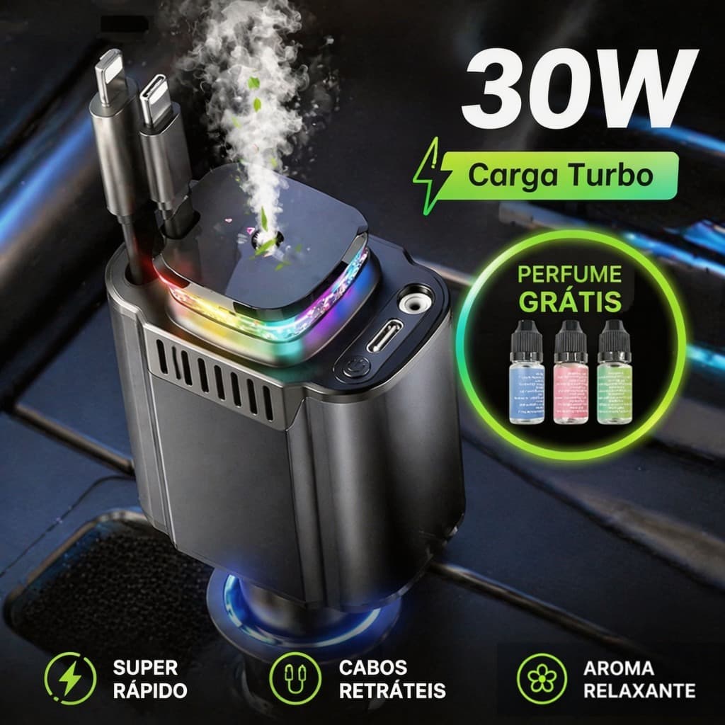 Carregador Veicular 6 em 1 30W Carga Rápida com Cabo Retrátil Aromaterapia Céu Estrelado