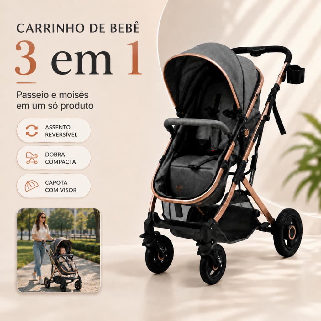 Carrinho Bebê 3 em 1 Moisés Berço Assento Reversível Dobrável Passeio Capota Visor Cesto Conforto Completo Luxo