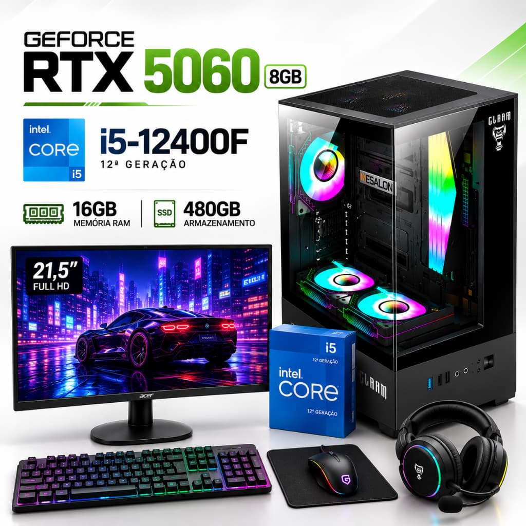 PC Gamer Completo Intel i5 12400F RTX 5060 8GB 16GB RAM SSD 480GB Monitor 21,5 Wi-Fi + Kit Gamer
