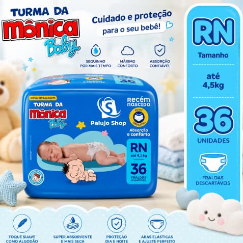 Fralda RN Turma da Mônica Baby até 4,5kg 36 Unidades Descartável Recém-Nascido