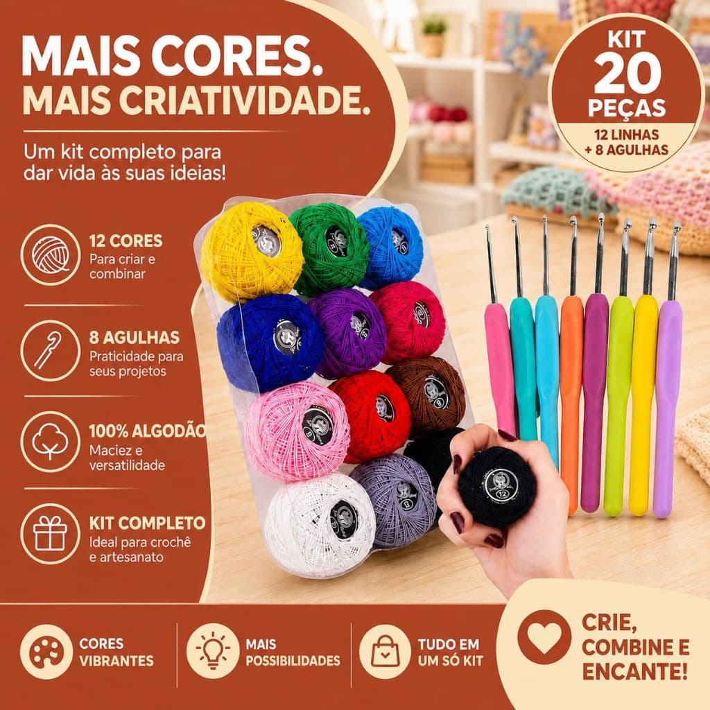 Kit Crochê Completo 12 Linhas Coloridas 100% Algodão + 8 Agulhas Ergonômicas Amigurumi Iniciante -CH
