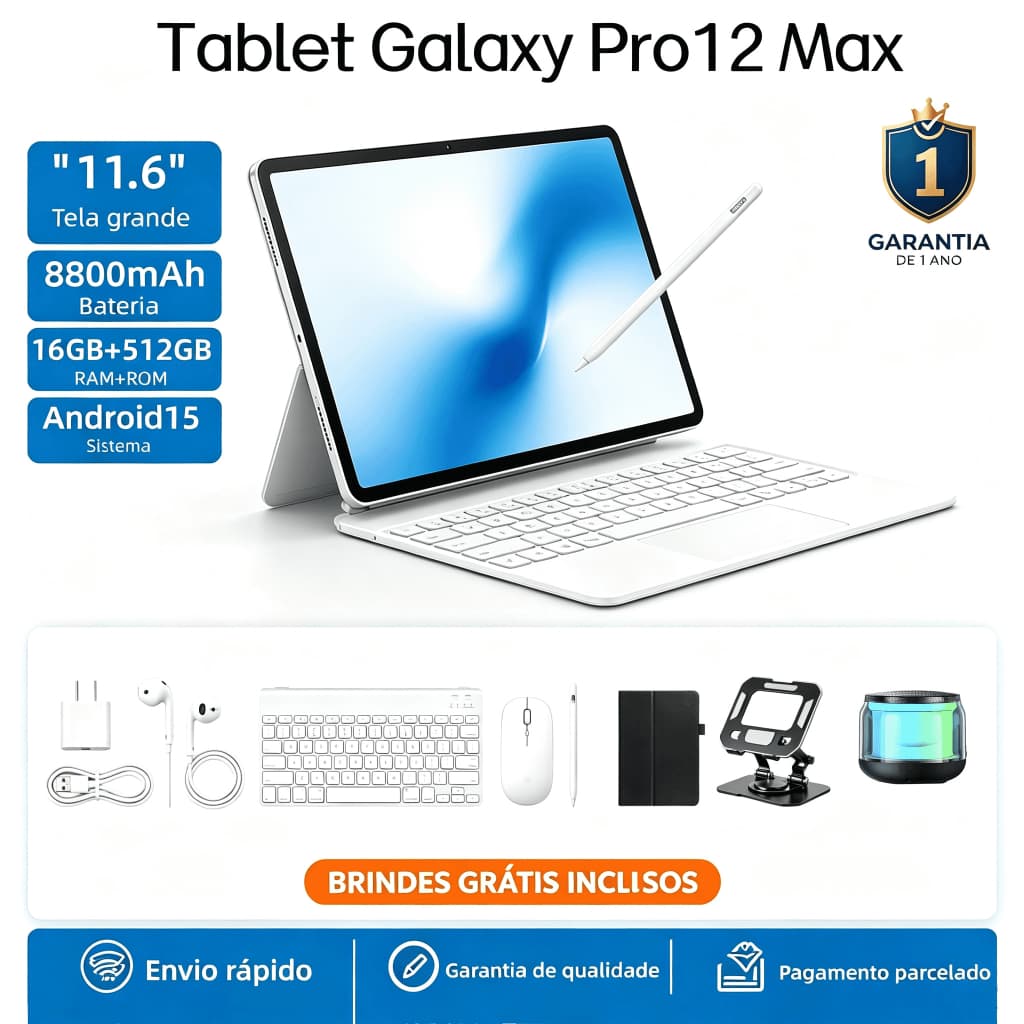 Tablet Galaxy Pro12 Max | 11,6 polegadas | “16 GB + 512 GB” | “8.800 mAh” | Android 15, garantia de 1 ano