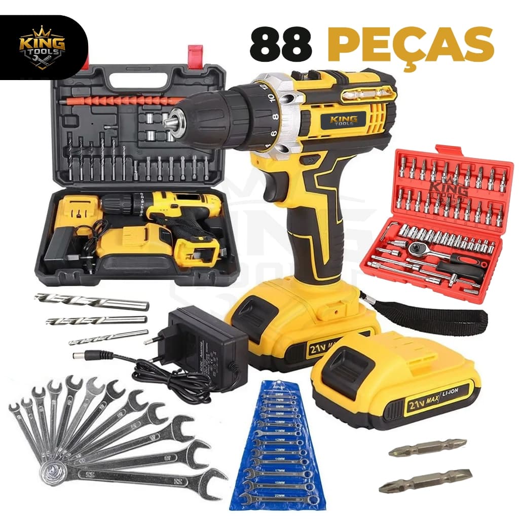 Kit Jogo Ferramentas 88 Peças Parafusadeira/Furadeira/Martelete 21V 2 Baterias + Jogo de Soquetes + Chave combinada