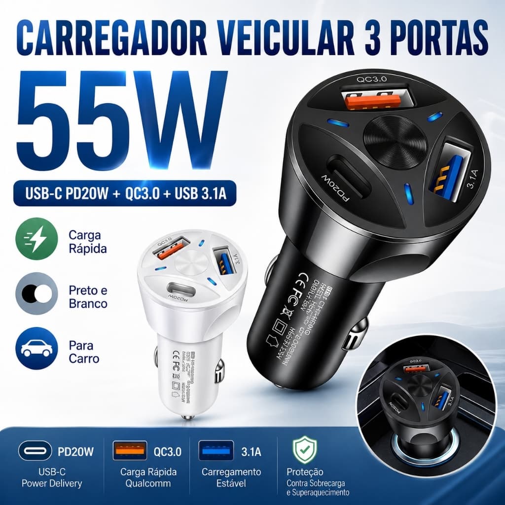 Carregador Veicular 55W 3 Portas USB-C PD20W QC3.0 USB 3.1A Carga Rápida para Carro Preto Branco