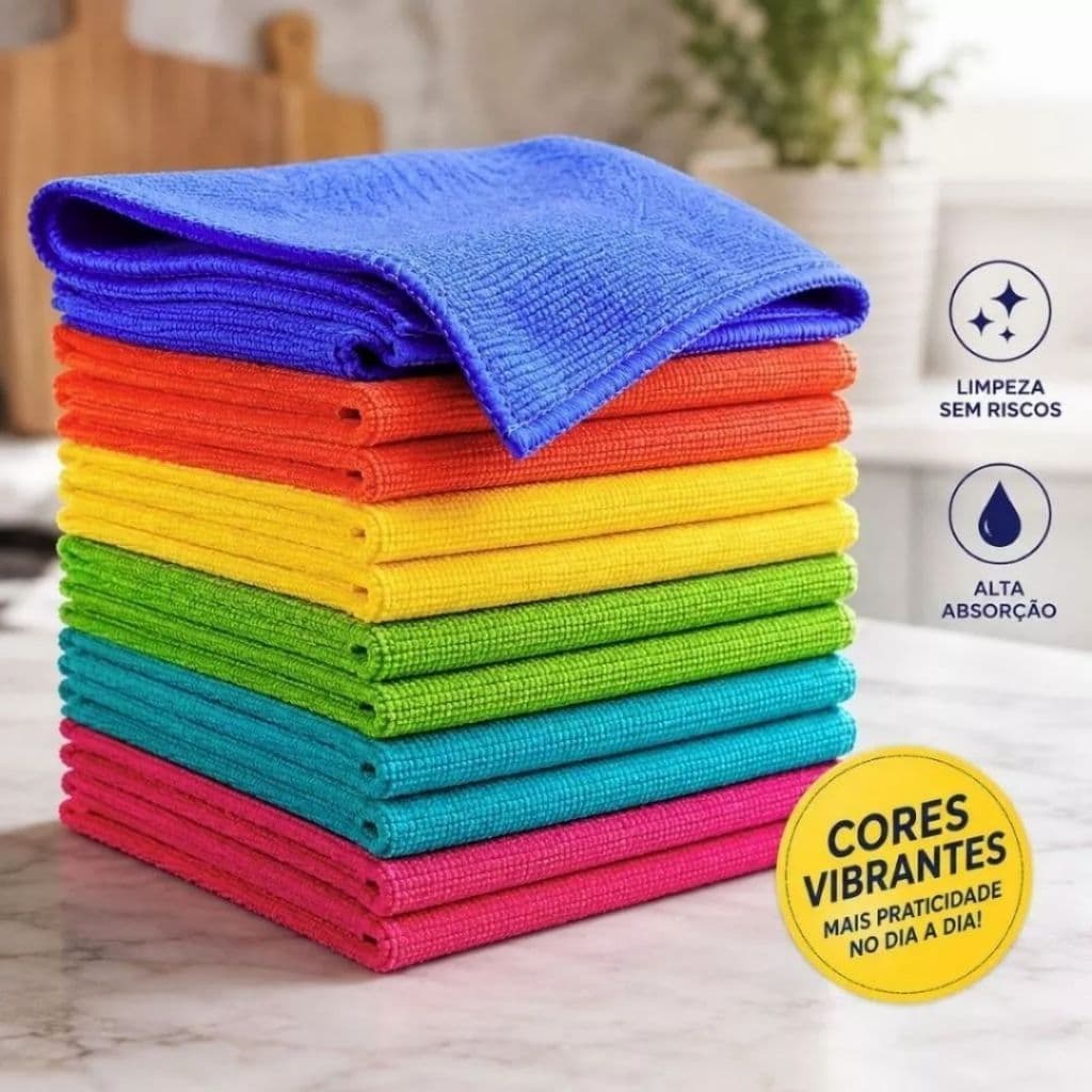 Kit 10 Panos de Microfibra Multiuso Alta Absorção Limpeza Casa Cozinha Carro Vidros
