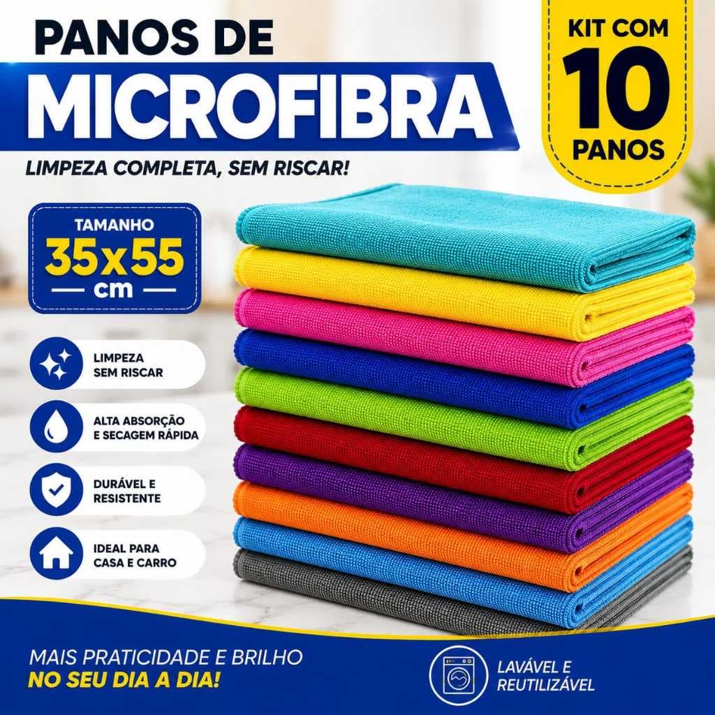 Kit Com Pano Microfibra 35x55cm Limpa Carro Vidro Prato Pia Limpeza Flanela Multiuso Panos