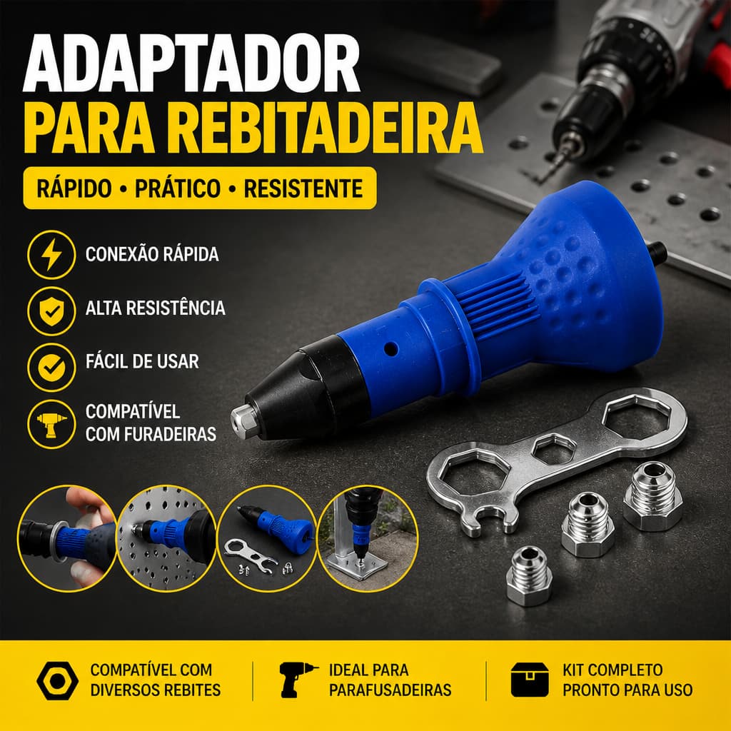 Cabeçote Rebitador Adaptador Rebitadeira Para Parafusadeira Furadeira Inclui 4 Bocais + Chave Rebites 1.8 2.2 2.8 3.2mm