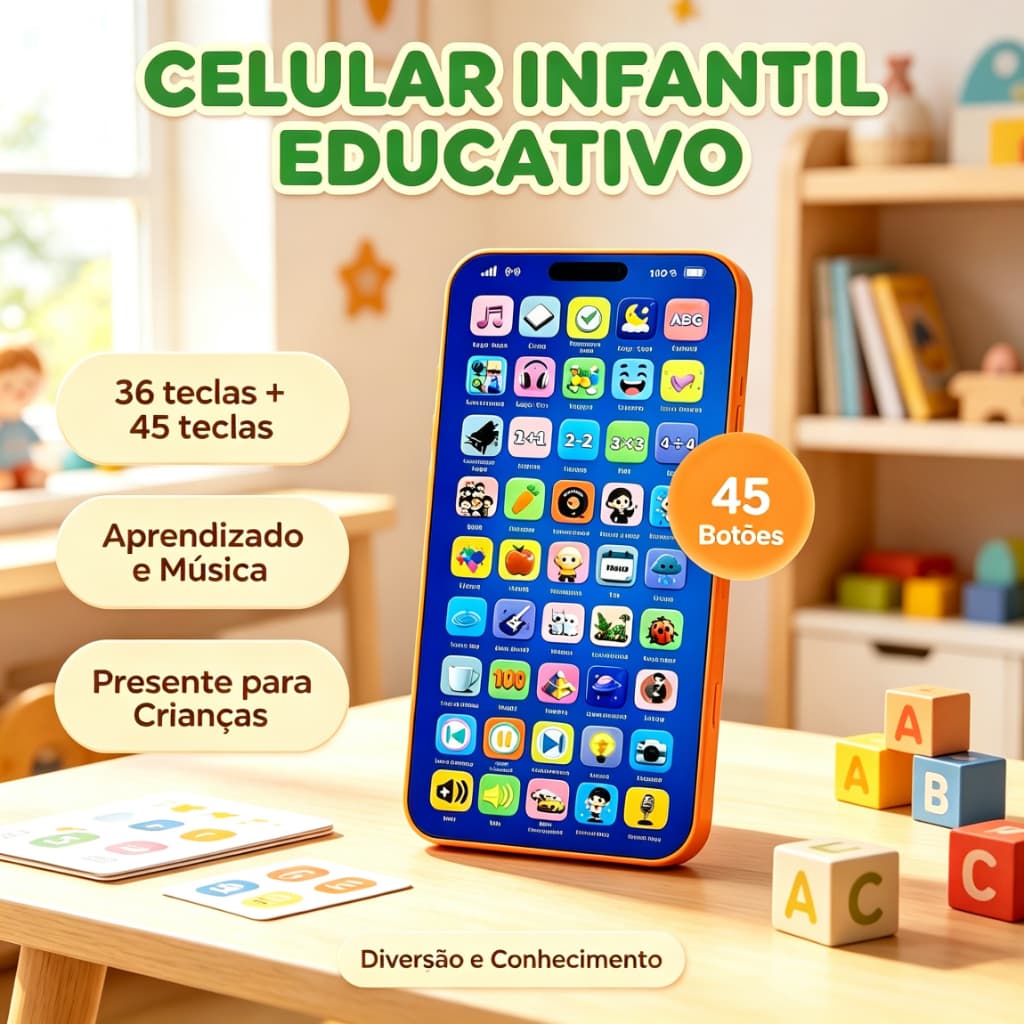 Celular Infantil Telefone de Brinquedo Educativo Recarregável Interativo Musical para Bebês