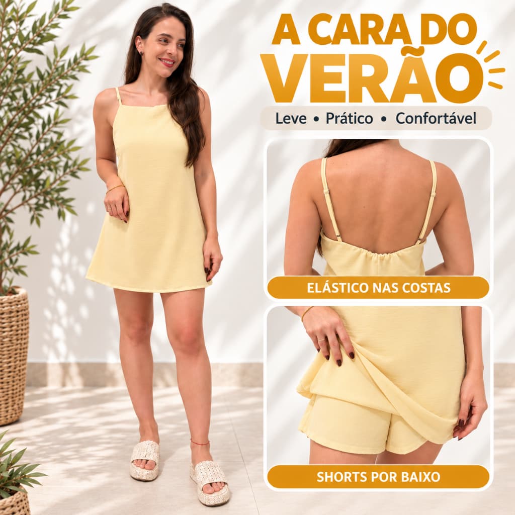 Vestido Curto Feminino Duna Macaquinho Com Shorts Regata Com Alça Regulavel Verao Soltinho