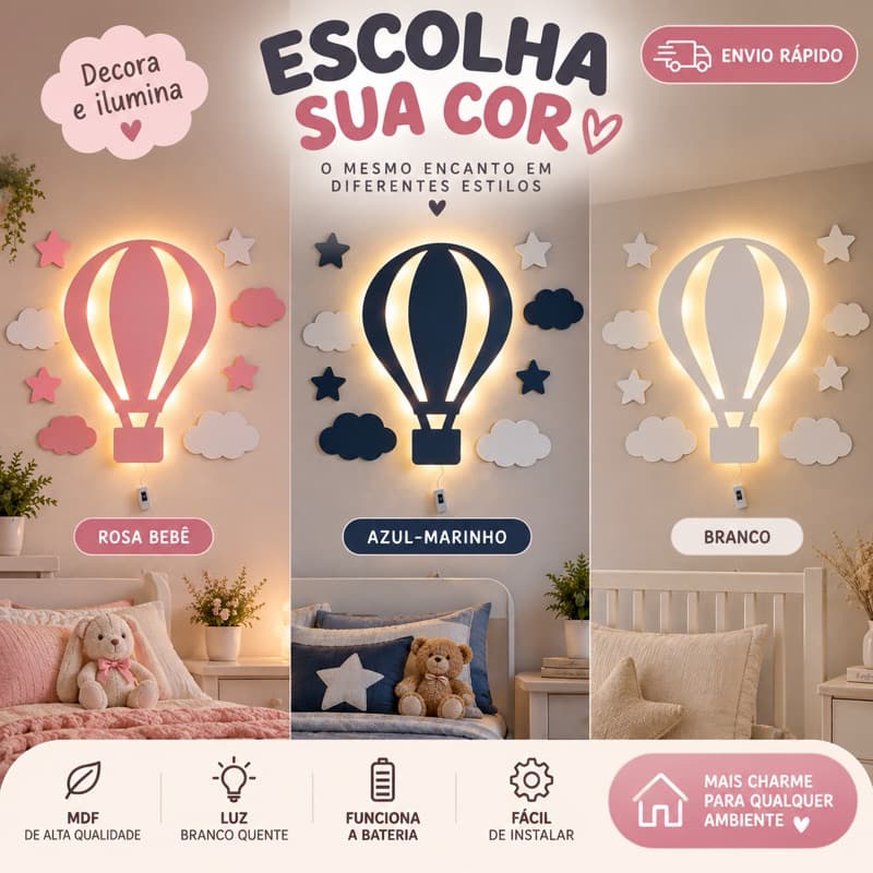 Luminária Balão LED com Nuvens e Estrelas Kit Decoração de Quarto Parede MDF Rosa Azul Branco