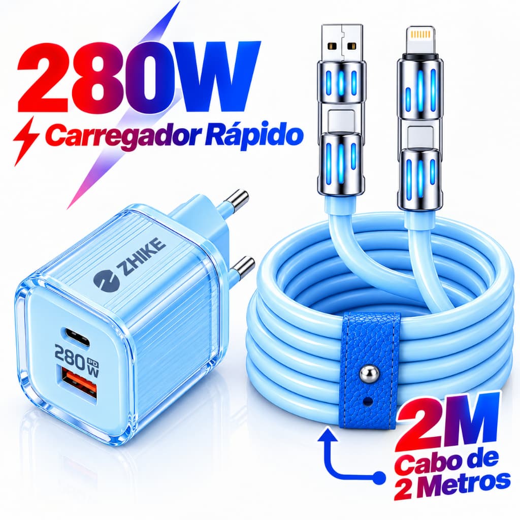 Cabo de dados 4 em 1 de 2m carregamento rápido 240W 280W 6A Tipo C Micro USB V8 carregador de silicone líquido