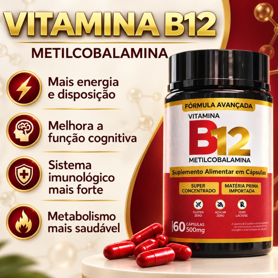 Vitamina B12 Metilcobalamina 100% Pura  Alta Absorçã – 60 Cápsulaso 500mg