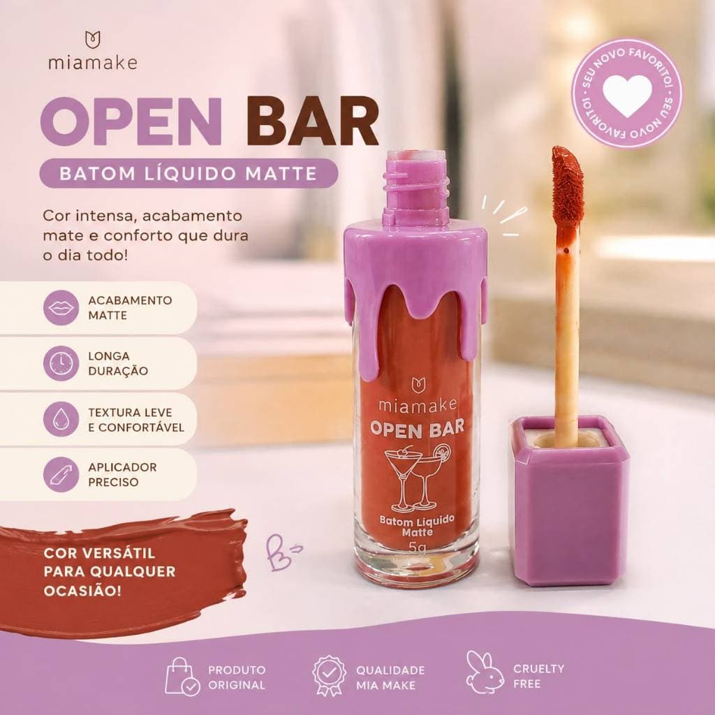 Batom Líquido Matte Mia Make Open Bar 5g – Alta Pigmentação, Longa Duração e Acabamento Matte
