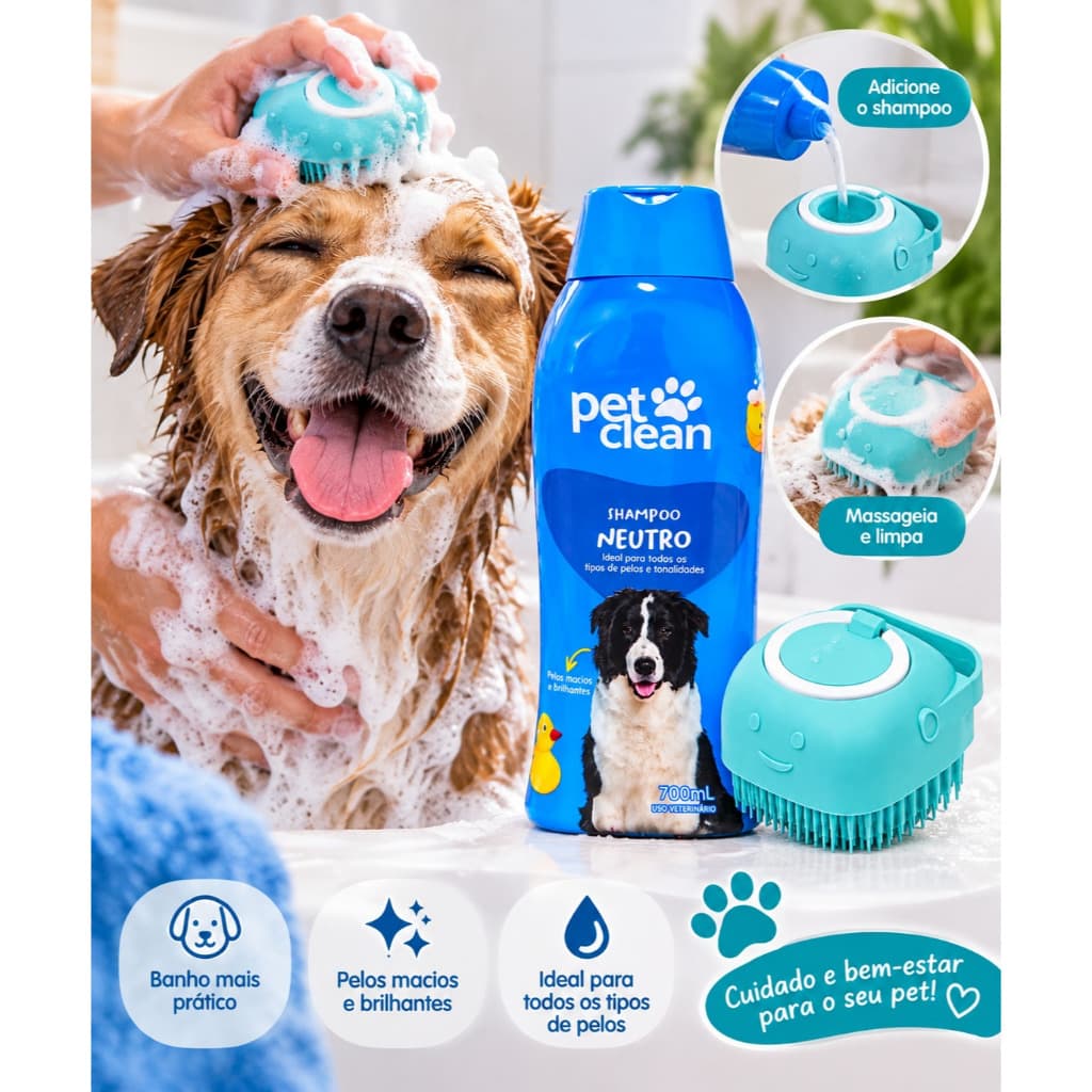 SHAMPOO NEUTRO PET CLEAN E ESPONJA PARA BANHO KIT  HIGIENE PARA PETS