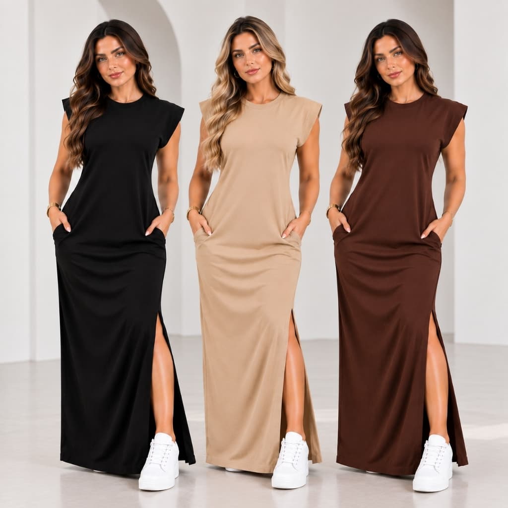 Vestido Feminino Longo Básico Casual Canelado Ombreira Fenda Lateral Plus Size Alta Tendencia
