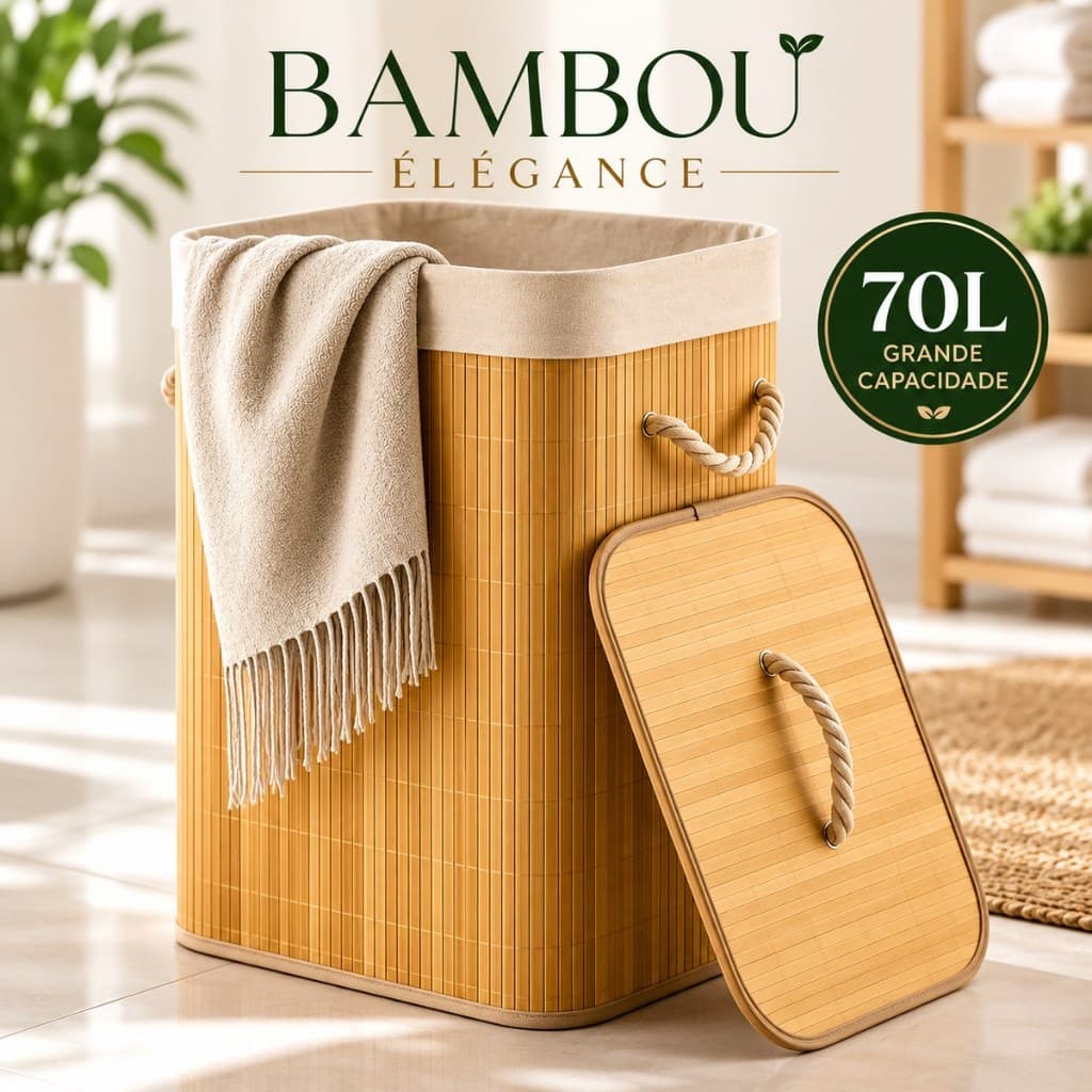 Cesto de Roupa Suja Bambu 70L Dobrável com Forro Organizador Grande para Banheiro e Lavanderia