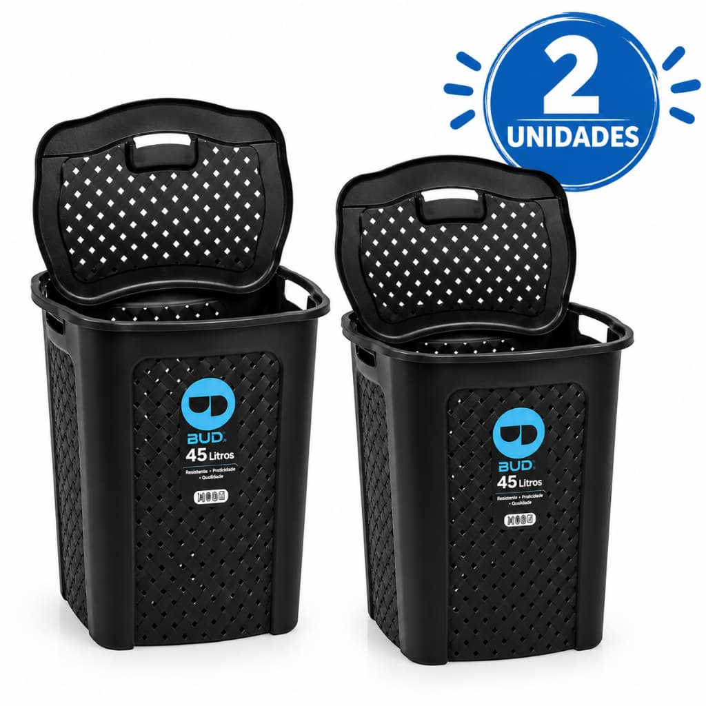 Kit 2 Cestos de Roupa Suja 45 Litros com Tampa Preto Rattan  Organizador para Lavanderia Banheiro Multiuso