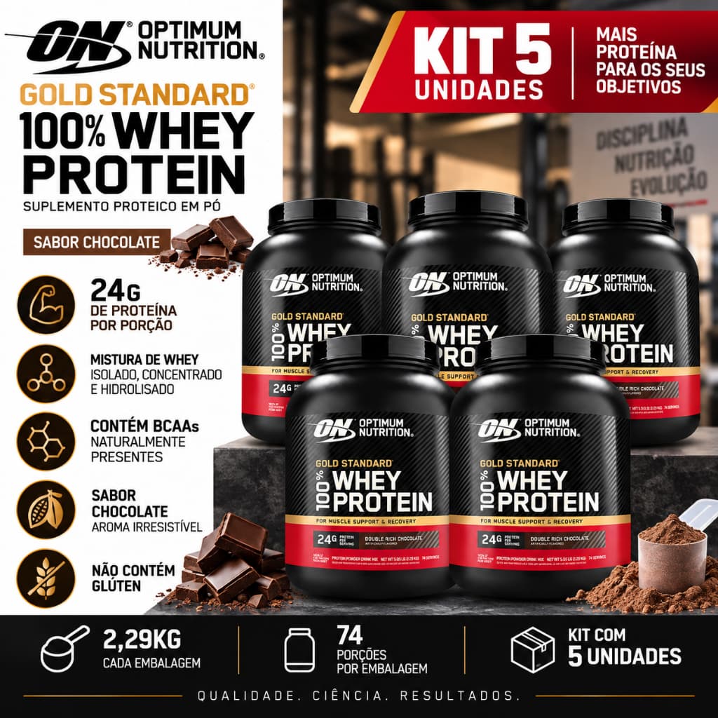 Kit 5 Whey Protein Gold Standard 100% Optimum Nutrition Chocolate 2,29kg 24g Proteína