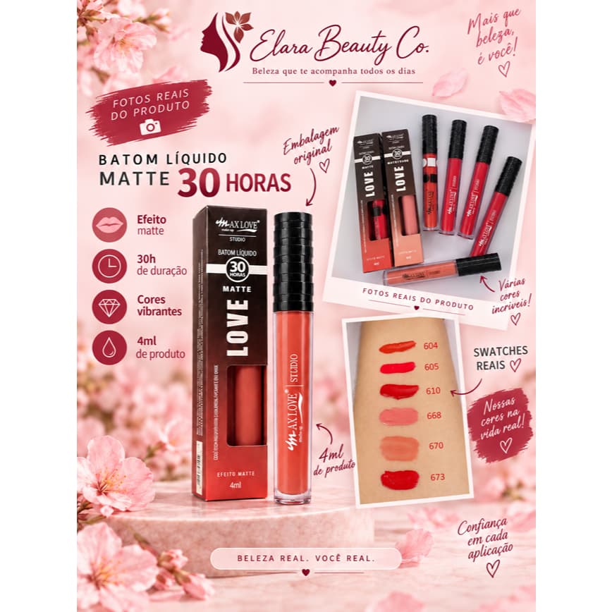 Batom Líquido Max Love Matte 24h/30h 4ml Longa Duração Vegano | Nude Matte e Matte Alta Pigmentação Não Transfere