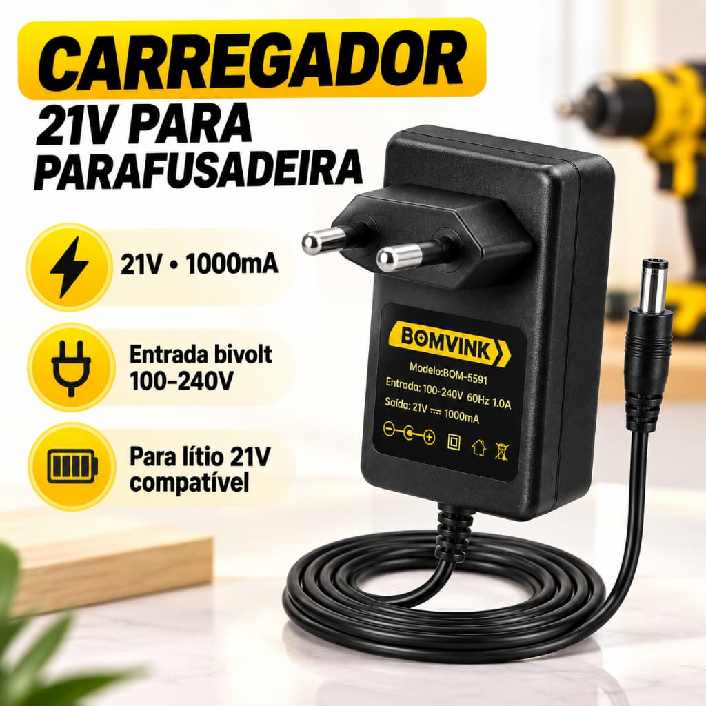 Fonte Carregador 21V Bivolt para Parafusadeira Furadeira Bateria - Envio Imediato