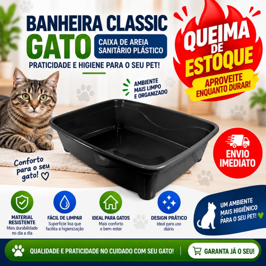 Banheira Gato Classic Caixa de Areia Sanitária Resistente Preta - Envio Imediato