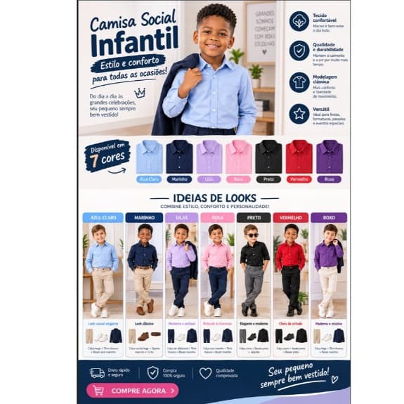 Camisa Social Infantil menino manga longa lisa várias cores festa casamento 1 a 16 anos