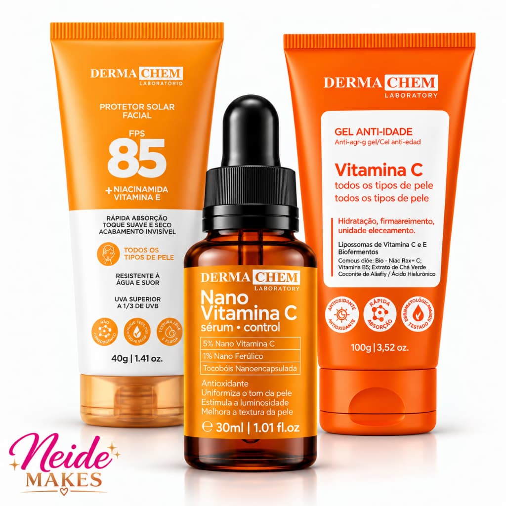 Kit Skin Care Sérum Vitamina C Nano Control + Protetor FPS 85 Rosto + Gel Anti-Idade Dermachem