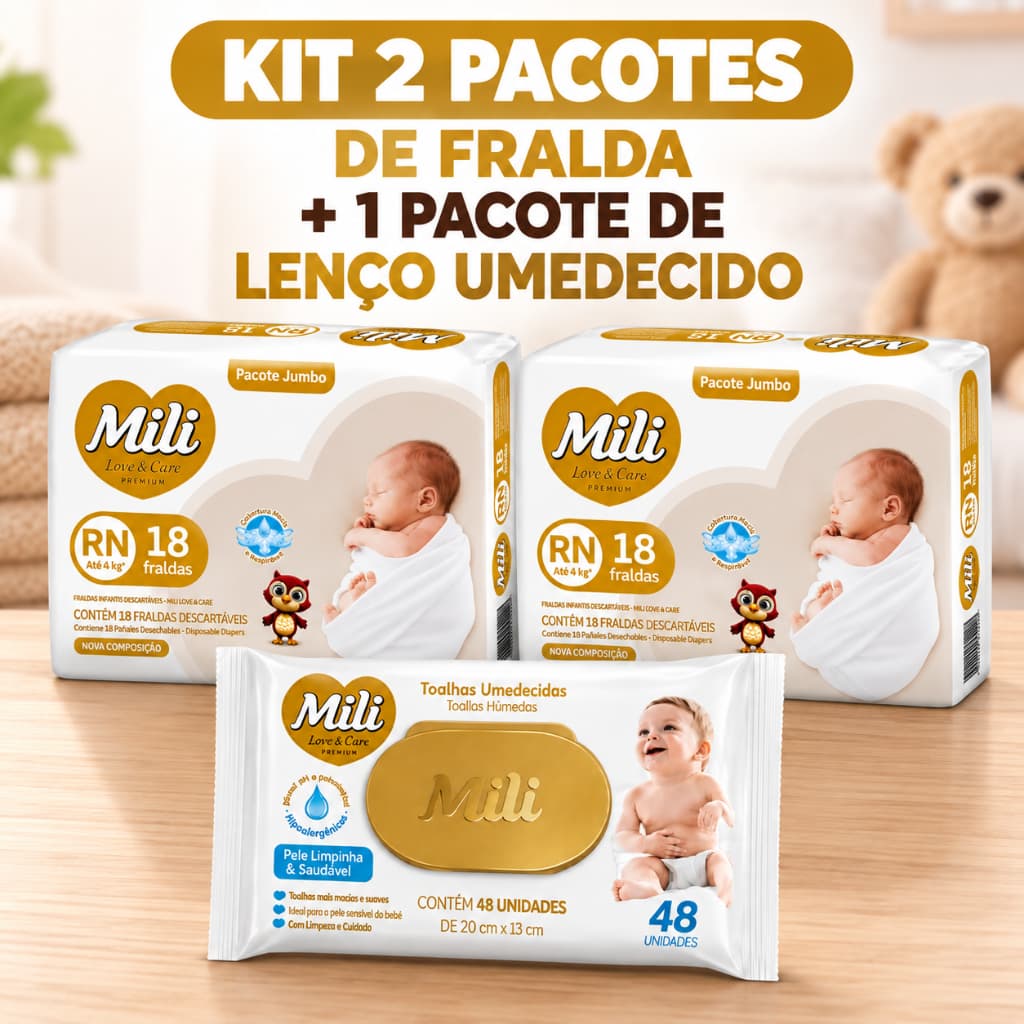 2 pacotes Fralda Recém Nascido Mili Love & Care Premium RN  Total de 36 Fraldas + 1 Lenço Umedecido