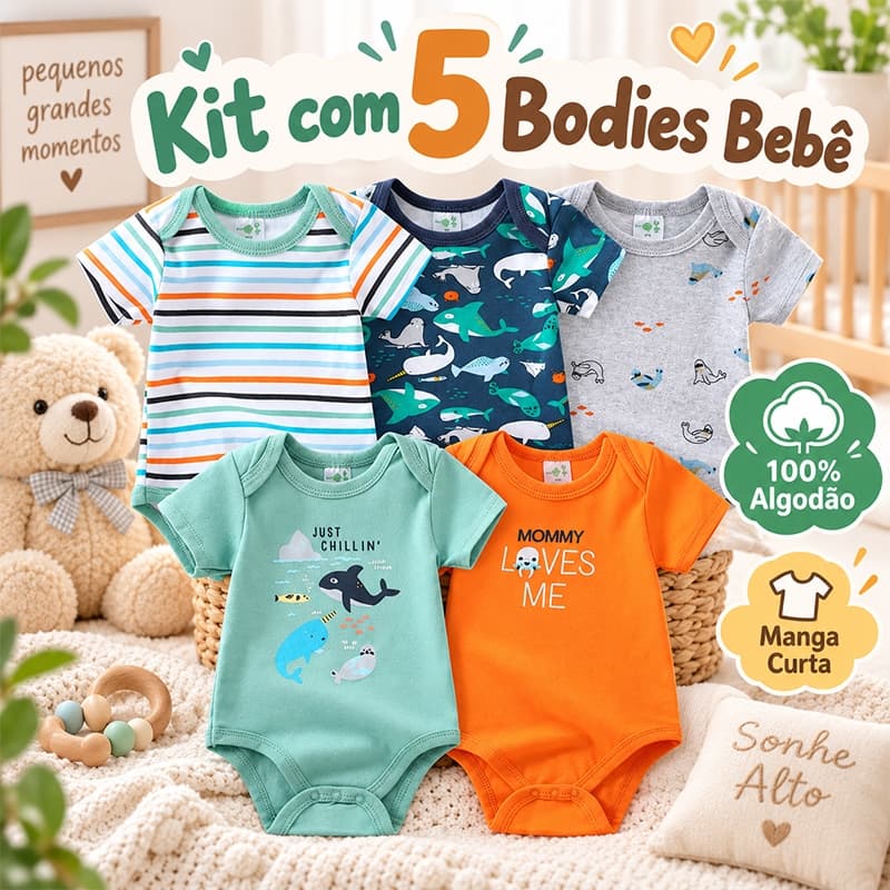 Kit Body Bebê Menino 5 Peças 100% Algodão Manga Curta Estampas Animais Roupa Infantil Enxoval Bebê