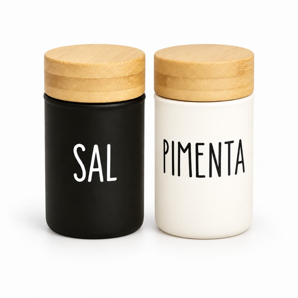 Saleiro e Pimenteiro de Vidro e Bambu - Linha Doha Premium 2 Peças 90ml Para Cozinha