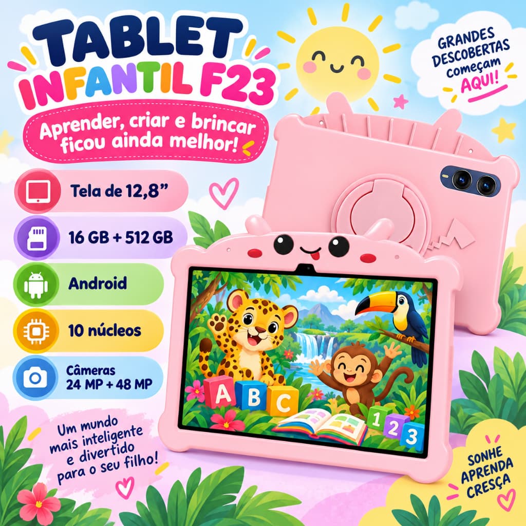 F23 Tablet Infantil 12.8 Polegada com wifi bluetooth Android Super Resistente Smart 5G Presente Ideal Dia das Crianças