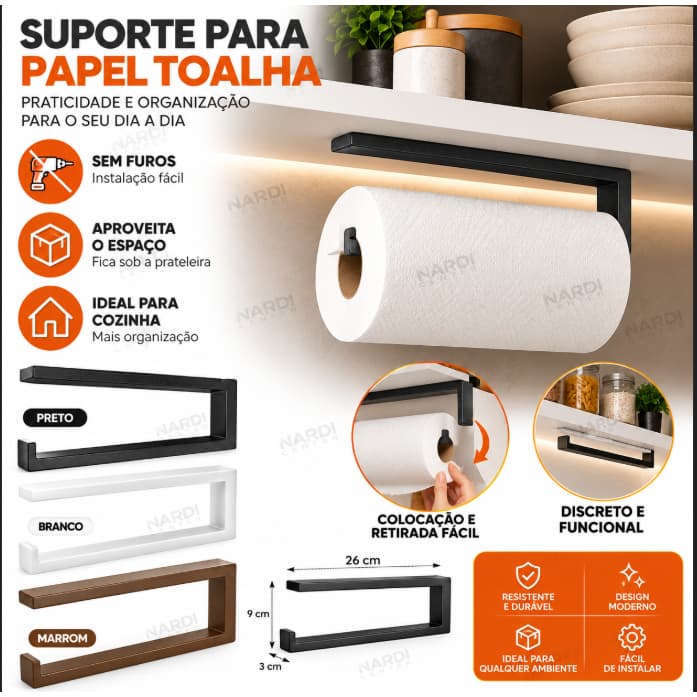 Suporte Porta Papel Toalha de Parede ou Prateleira | Organizador de Cozinha Moderno e Prático