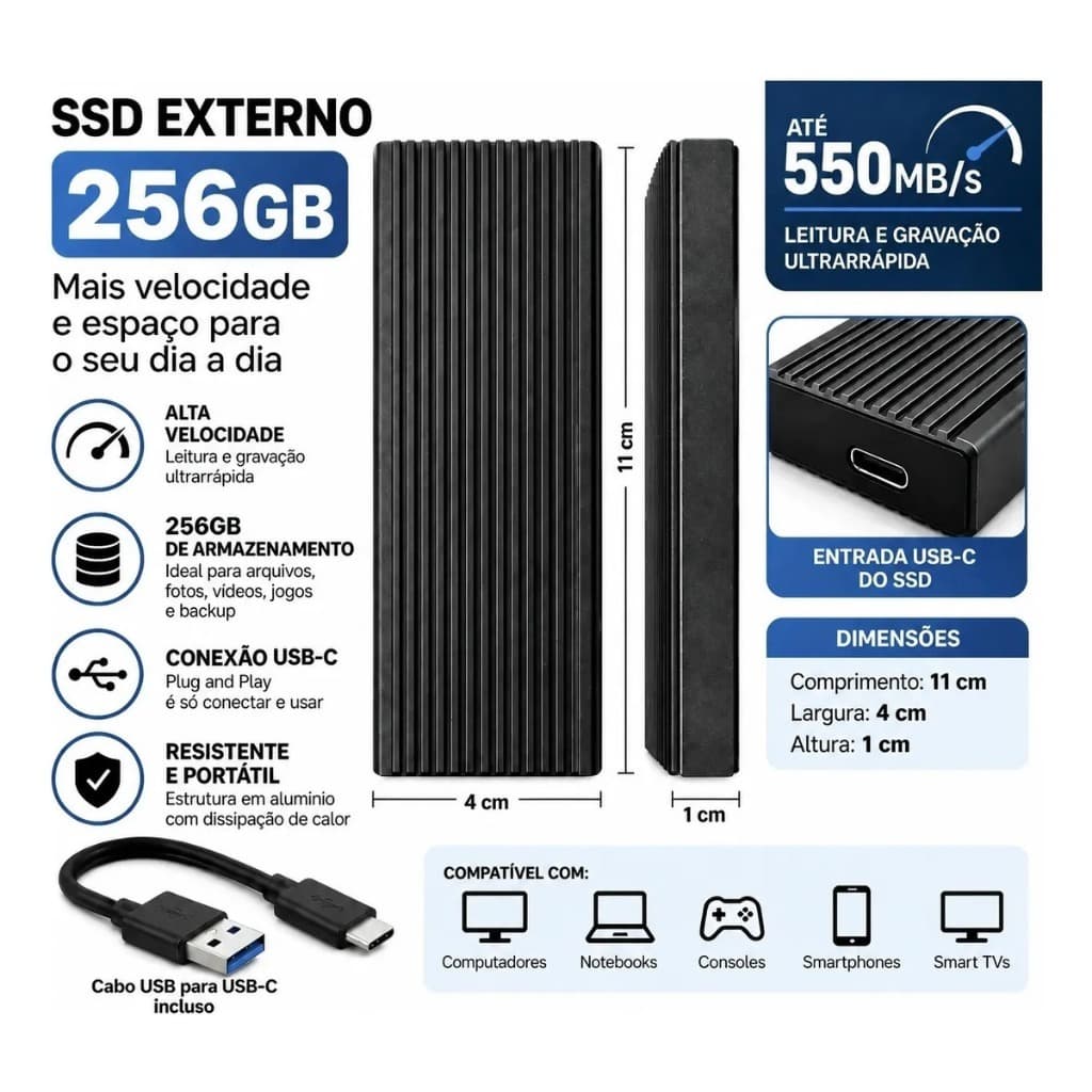 SSD Externo M2 NVMe 256GB USB Tipo C Alta Velocidade PC Mac Celular