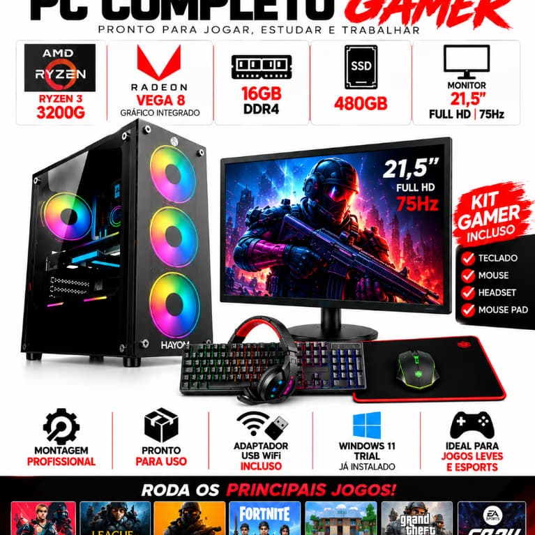 PC COMPLETO GAMER RYZEN 3200G SSD 480GB 16GB MONITOR 21,5 - KIT GAMER
