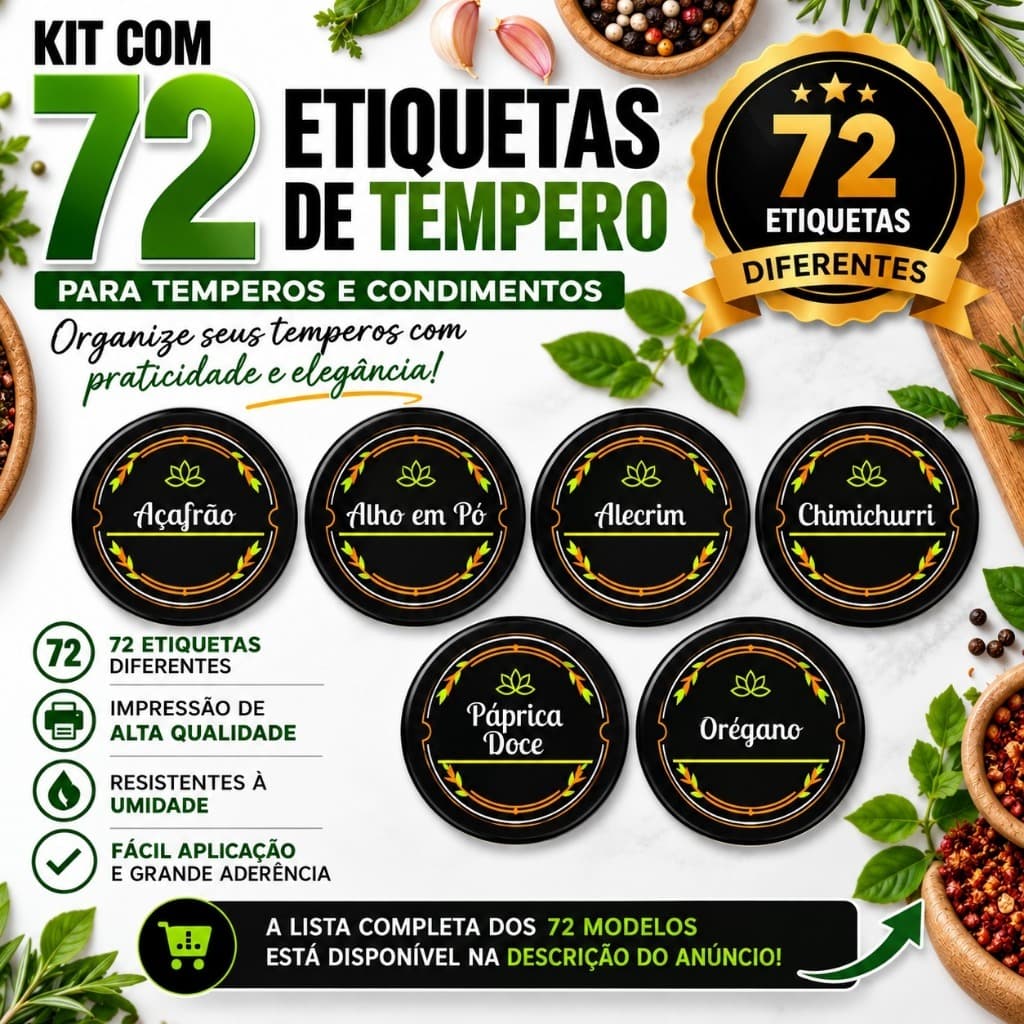 72 Etiquetas Para Potes De Tempero Condimento 4 x 4 Cm