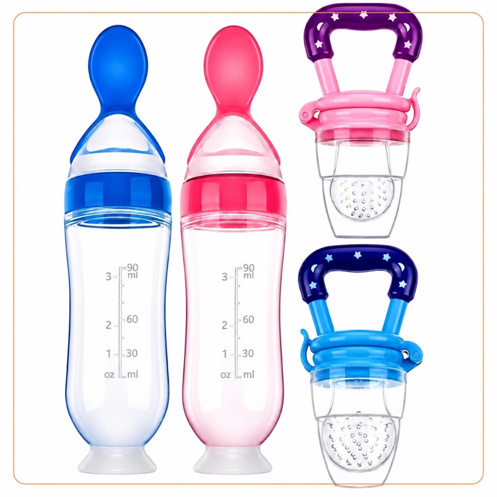 Mamadeira Colher Dosadora Silicone 90ml e Chupeta Alimentadora Porta Frutas Mordedor Infantil Bebê
