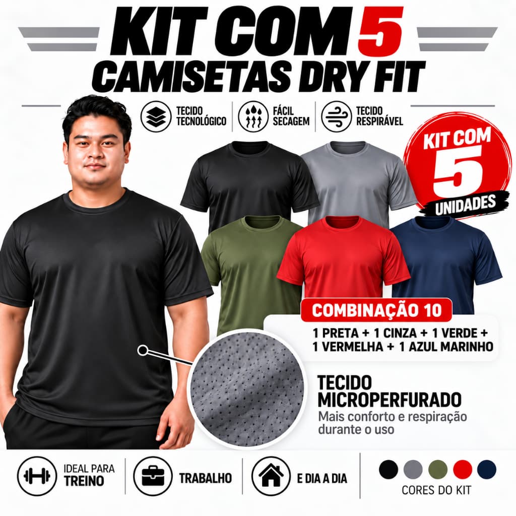 kit 5 Camisetas Dry Fit Masculina Premium Secagem Rápida Academia Treino Corrida Esporte Musculação Tecnológica