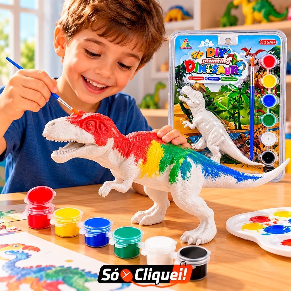Kit Dinossauro 3D Brinquedo Para Pintar Infantil 6 Tintas Pincel Brinquedo Educativo Criativo 3 Anos