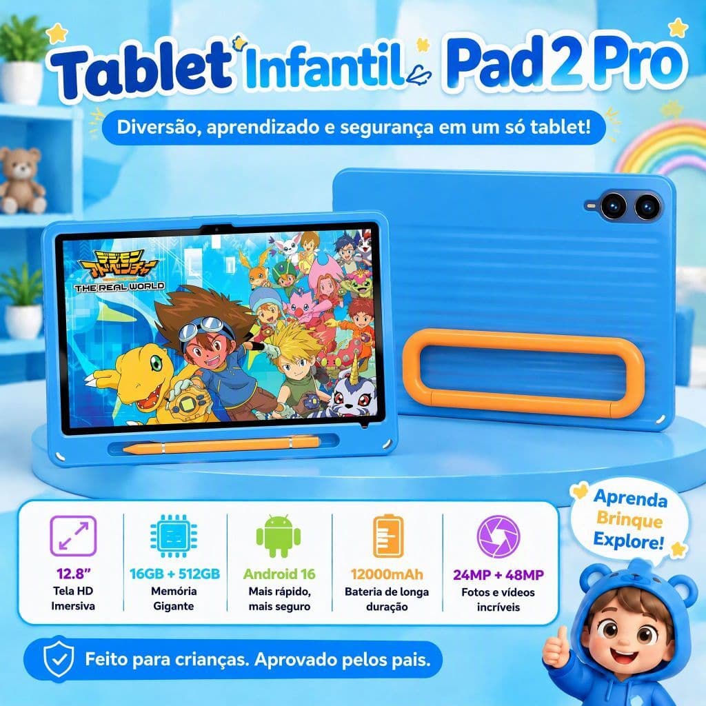 Tablet Multi Infantil Pad 2 Pro, Tela 12.8" 16Gb Ram 512GB Proc Octa Core Android, Controle dos Pais
