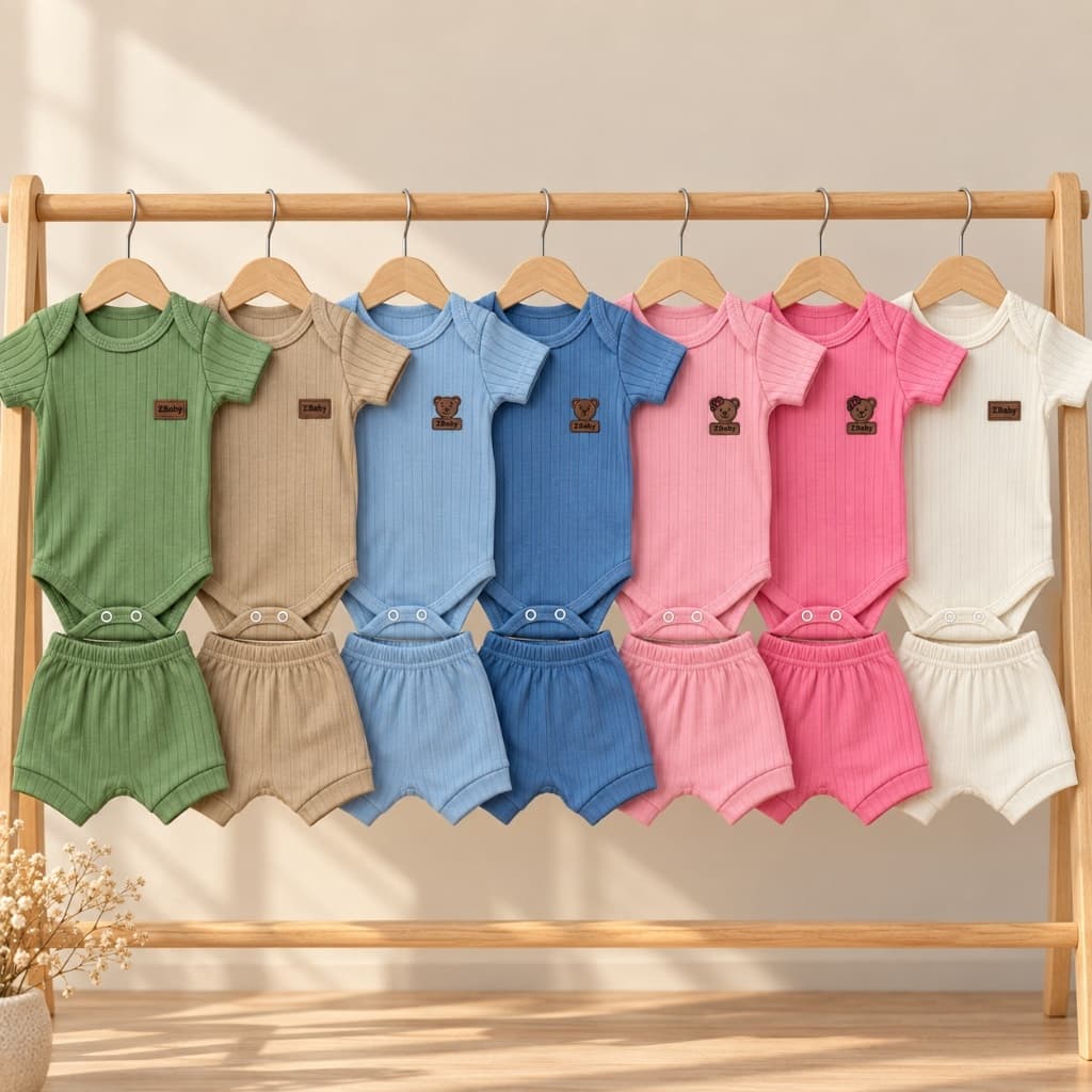 Conjunto Bebê Menino Menina Body E Short Canelado 100% Algodão Manga Curta Unissex Roupa De Bebê Verão Bory