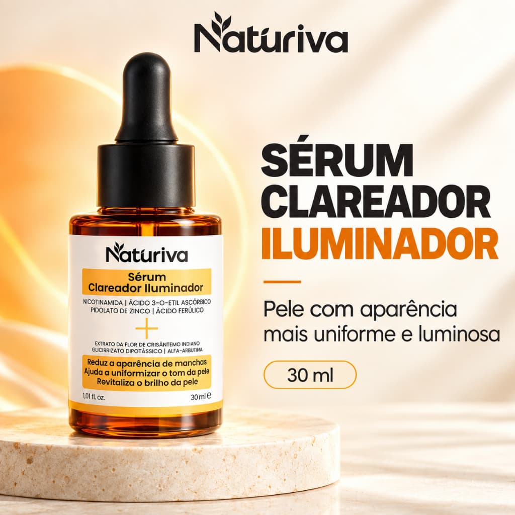 Sérum Facial Clareador Iluminador Naturiva 30ml com Niacinamida, Vitamina C Derivada e Zinco PCA