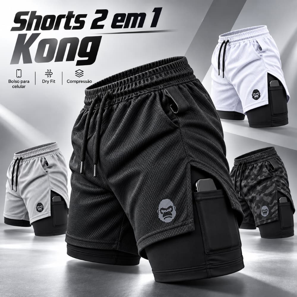 Shorts Masculino 2 em 1 Dry Fit Academia Corrida Bermuda de Compressão com Bolso Celular Kong