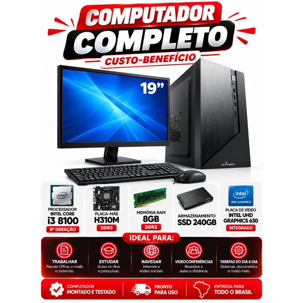 COMPUTADOR COMPLETO INTEL I3 8100 H310M DDR3 8GB SSD 240GB MONITOR 19''